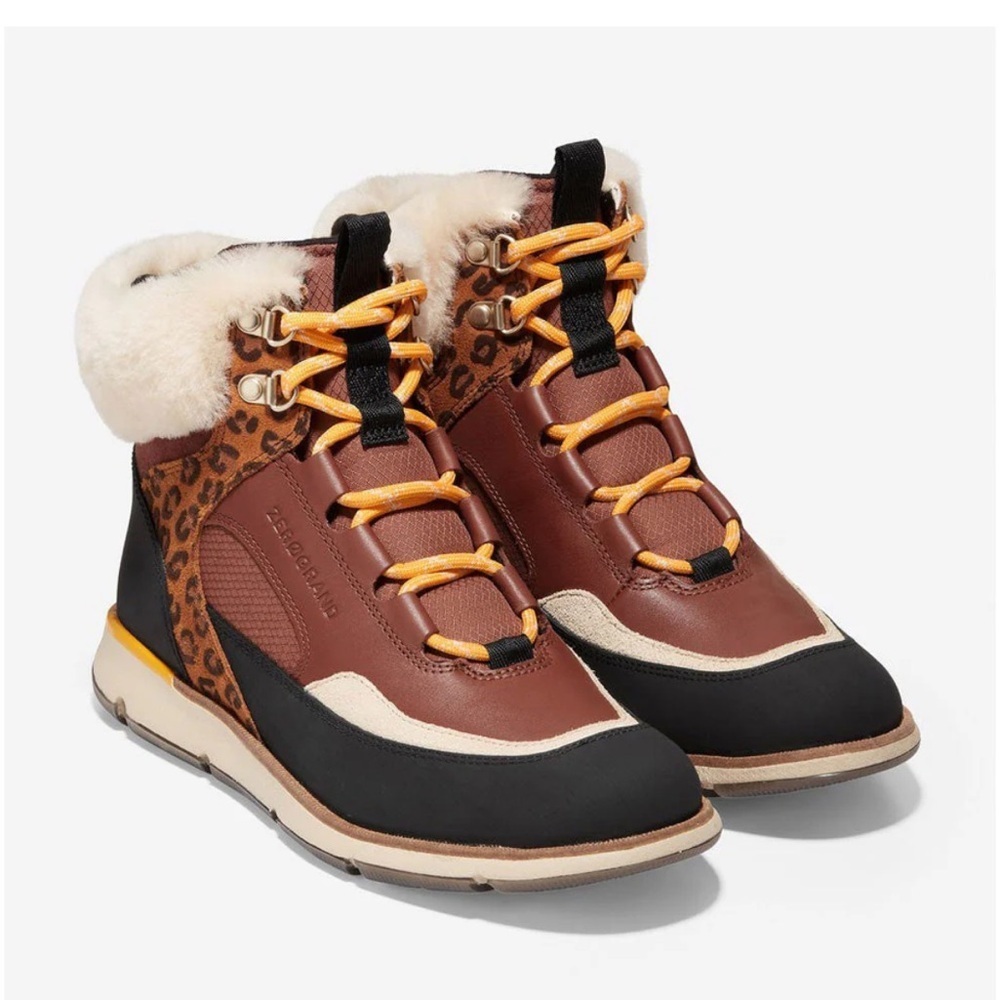 Cole Haan Zerogrand Boots Women's 9B Brown Leopard Lace Up Ankle Booties W22528